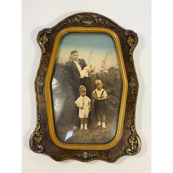 Antique Picture Frame Wood Ornate Gesso Convex Bubble Glass Picture Octagon Fami - Picture 2 of 12